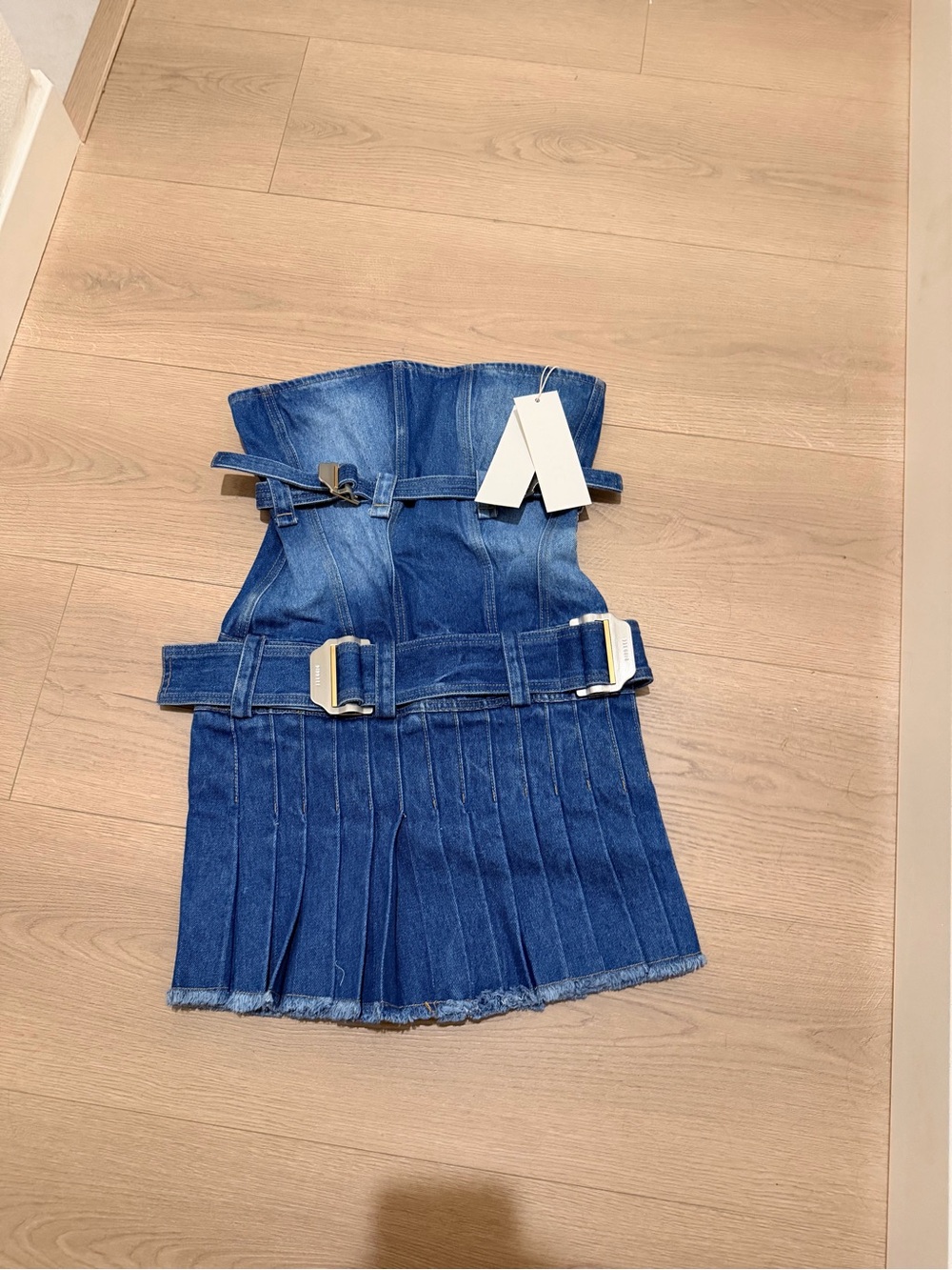 Dion Lee Blue Denim Strapless Pleated Mini Dress